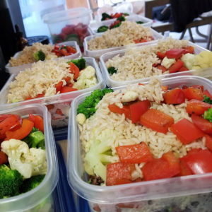 cauliflower, lean beef, rice, red peppers, brocolli, chicken breasts.